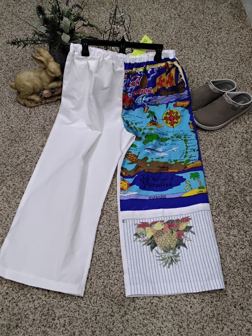 409 Size L/XL White & Multicolor Printed Panel Cotton/Linen Casual Pants